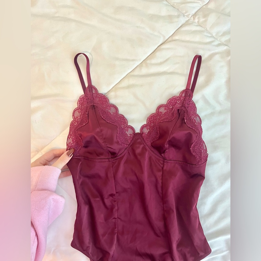 Maroon satin lace bodysuit - Picture 2 of 6